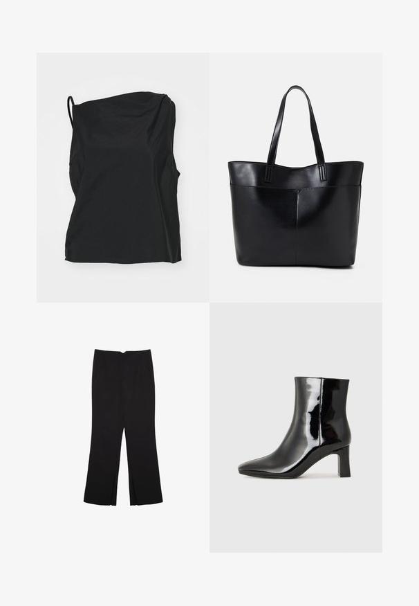 Top senza maniche nero realizzato in tessuto leggero, caratterizzato da una vestibilità rilassata, una sottile trama e un collo asimmetrico.; Pantaloni neri a gamba dritta, con tasche frontali e spacchi laterali all'orlo. Realizzati in tessuto morbido e liscio. Adatti a diverse occasioni.; Stivaletto in pelle verniciata nera con punta a punta e tacco a blocco di altezza media. Texture liscia e design minimalista.; Borsa a tracolla in pelle nera con due manici lunghi, una texture liscia e una forma strutturata. Presenta una tasca frontale per ulteriore spazio di archiviazione.