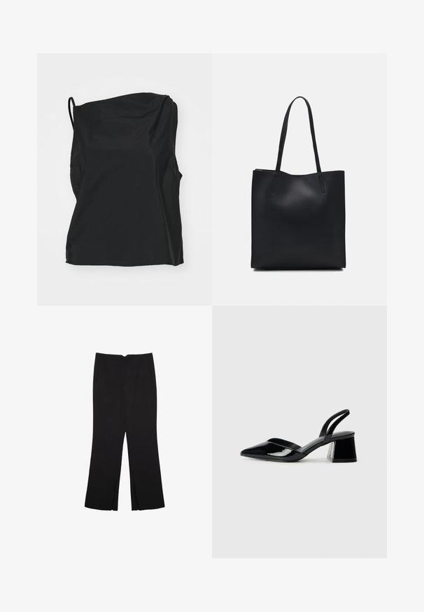 Schwarzes ärmelloses Oberteil aus leichtem Stoff, mit lässiger Passform, subtiler Textur und asymmetrischem Ausschnitt.; Schwarze Hose mit geradem Schnitt, ausgestattet mit Fronttaschen und Seitenschlitzen am Saum. Hergestellt aus weichem, glattem Stoff. Geeignet für verschiedene Anlässe.; Schwarze Lackleder-Slingback-High Heels mit spitzem Schuh und einem geometrischen Blockabsatz. Verfügt über ein schlankes, minimalistisches Design und eine glatte Textur.; Schwarze Laptoptasche aus Leder mit glatter Textur, rechteckiger Form und zwei langen Griffen. Keine sichtbaren Beschläge oder Verzierungen.