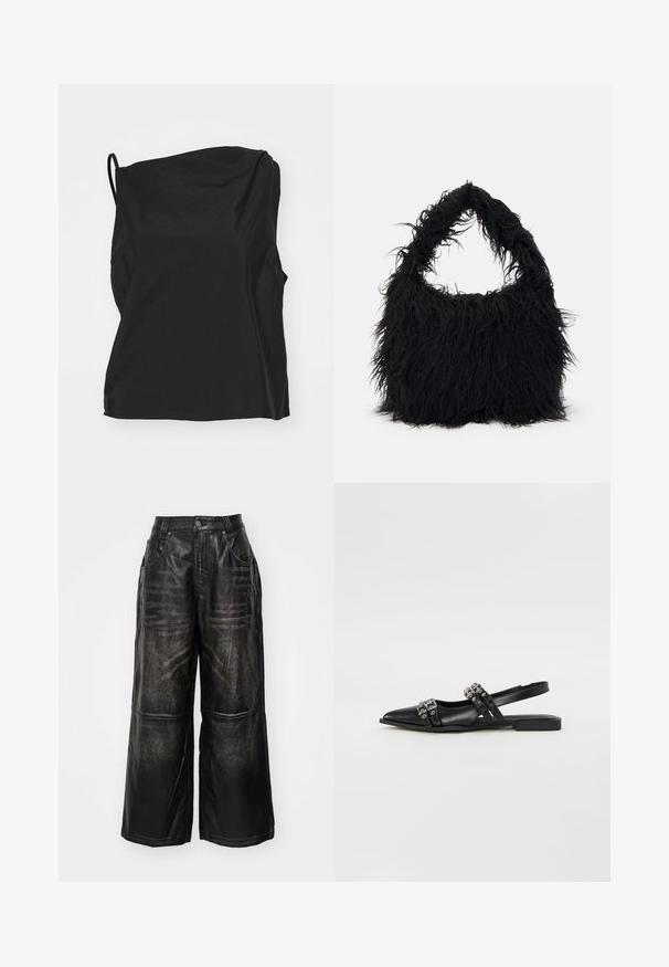 Top senza maniche nero realizzato in tessuto leggero, caratterizzato da una vestibilità rilassata, una sottile trama e un collo asimmetrico.; Pantaloni neri a gamba larga in pelle con una leggera lucentezza. Presentano dettagli impunturati e tasche frontali, completati da un bottone e una cerniera.; Even&Odd Ballerine - black; Even&Odd Shopping bag - black