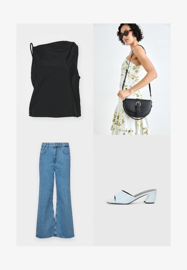Top negru fără mâneci, confecționat dintr-un material ușor, având o croială lejeră, textură subtilă și un decolteu asimetric.; Jeanși evazați de culoare albastru deschis, din denim, cu talie înaltă, cinci buzunare și închidere cu un singur buton. Textură moale cu un finisaj decolorat.; Muli cu toc deschis la culoare, de un albastru deschis, cu vârf deschis și un design geometric, având o curea lata peste picior și un toc masiv, unghiular.; Geantă din piele neagră, cu o formă curbată, curea detașabilă și accesorii aurii. Geanta are un capac cu un detaliu tip cataramă.