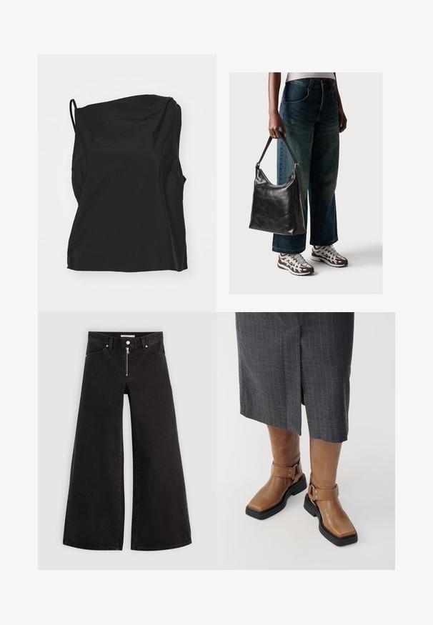 Fekete ujjatlan felső, könnyű anyagból készült, laza fazonnal, finom textúrával és aszimmetrikus nyakvágással.; Fekete denim széles szárú farmer, cipzáros elejével, öt zsebes kialakítással és diszkrét varrással. Sima textúra és laza stílus.; Barna bőr térd fölé érő csizmák négyzet alakú orral, fekete gumi talppal és állítható csattal. Egy szürke csíkos szoknyával viselve.; Fekete bőr válltáska sima textúrával és állítható pánttal, melyet elnyűtt, bő szárú farmernadrággal és sportcipőkkel párosítottak.