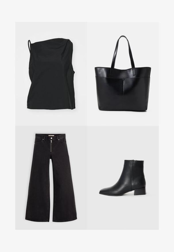 Črna brezrokavnica iz lahkega materiala, ki ima sproščen kroj, subtilno teksturo in asimetričen ovratnik.; Široke traperice iz črnega denima z zadrgo spredaj, petimi žepi in diskretnimi šivi. Gladka tekstura in ležeren slog.; Črne usnjene gležnjarje s koničastim nosom in nizko blok peto, ki se ponašajo z gladko teksturo in minimalističnim dizajnom.; Črna usnjena torba z dvema dolgima ročajema, gladko teksturo in strukturirano obliko. Ima sprednji žep za dodatno shranjevanje.