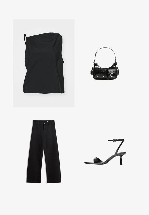 Crni top bez rukava izrađen od lagane tkanine, s opuštenim krojem, suptilnom teksturom i asimetričnim izrezom.; Crne široke traperice s visokim strukom, s prednjim i stražnjim džepovima, šivenim šavovima i kopčanjem na gumb. Glatka tekstura.; Bershka Sandale s visokom petom - black; Crna patentna kožna torba s zakrivljenim oblikom, jednim remenom za rame, prednjim džepovima i akcentima od srebrnog tona.
