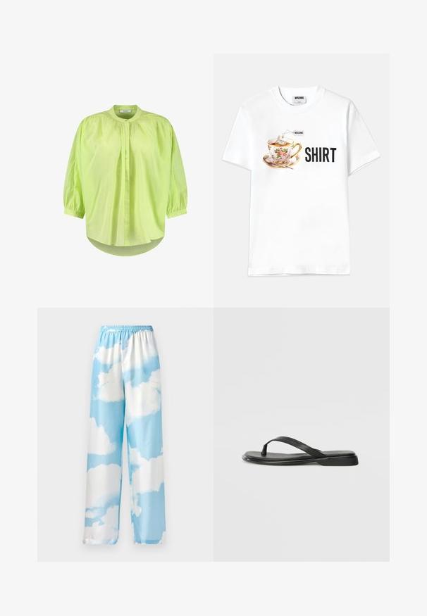 Svijetlozelena, lagana bluzica s visokim ovratnikom, napuhanim rukavima, prednjim dugmadi i opuštenim krojem. Meki materijal s blago sjajnom završnom obradom.; Bijela pamučna majica s grafikom cvjetne šalice čaja s kesicom čaja i riječju "MAJICA" u podebljanim crnim slovima.; Hlače u sky plavoj boji s uzorkom oblaka, izrađene od glatkog materijala, s elastičnom gumicom u struku i širokim nogavicama. Nema vidljivih džepova ili metalnih dijelova.; Crne japanke od glatke kože, s tankim remenčićem i ravnim potplatom minimalističkog profila. Bez značajnih uzoraka ili akcenata.