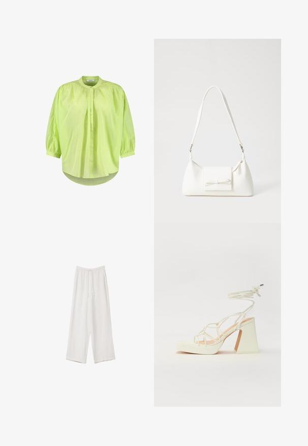 Limegrøn, let bluse med høj krave, puffede ærmer, knaplukning fortil og afslappet pasform. Blød struktur med en let skinnende overflade.; Hvide bukser med bred benlængde lavet af et letvægtsstof. Har et elastisk talje med snor og sidelommer. Glat tekstur.; Hvide højhælede sandaler med en kraftig hæl, der har et stropdesign og ankelbinding. Glat tekstur med en platform foran for ekstra højde.; Hvid syntetisk håndtaske med en trekantet form, flad forsideklap og sløjfedetalje, justerbar strop, glat tekstur og minimalistisk design.