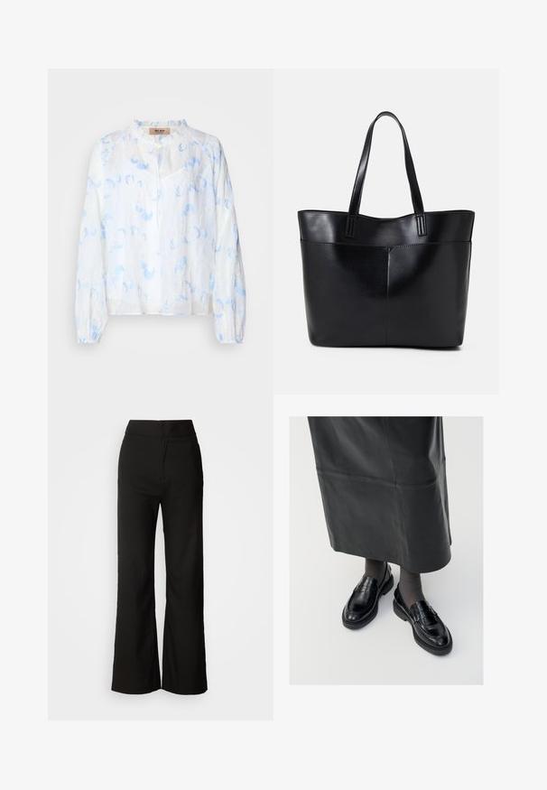 Weiße Bluse mit hellblauer floralem Stickerei, lockere Passform, runder Halsausschnitt und langen Ärmel mit gerafften Manschetten. Leichtes Material.; Schwarze weit geschnittene Hosen mit glatter Textur, hoher Taille und klarem Design. Keine sichtbaren Taschen oder Verzierungen.; Schwarze Lederloafers mit glatter Oberfläche, verziert mit einem dekorativen Riemen, runder Zehenpartie und texturierten Sohlen. Getragen mit einem langen schwarzen Lederrock.; Schwarze Leder-Shopper-Tasche mit zwei langen Griffen, einer glatten Textur und einer strukturierten Form. Verfügt über eine Vordertasche für zusätzlichen Stauraum.; Silberne Creolen mit einer glatten, polierten Oberfläche. Runder Form und sicherem Klickverschluss. Leichtes Design, geeignet für den täglichen Gebrauch.