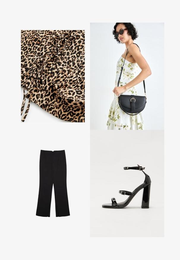 Tkanina z leopardjim vzorom, ki ima peščeno ozadje z črnimi in rjavimi madeži. Vsebuje vezalke in nabrane podrobnosti na enem robu.; Črne hlače ravnega kroja z naglavnimi žepi in stranskimi razporki na robu. Narejene iz mehke, gladke tkanine. Primerne za različne priložnosti.; Črne lakirane sandale s peto, kvadratnim prstom, trakovi okrog gležnja in srebrnimi zaponkami. Opremljene so s stabilno Debelo peto.; Črna usnjena torbica s ukrivljeno obliko, z odstranljivo naramnico in zlatimi dodatki. Torbica ima pokrov s podrobnostmi v obliki zaponke.