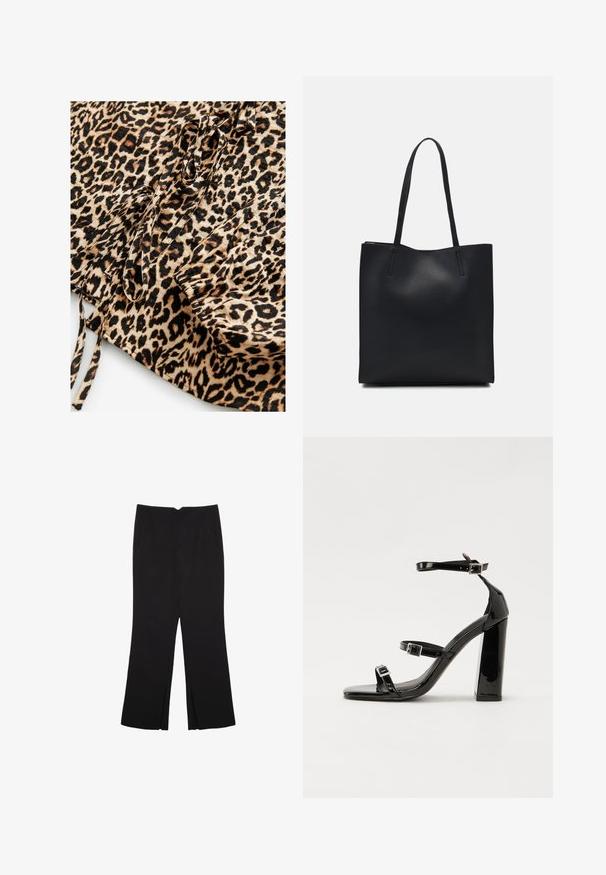 Leopardenmusterstoff mit einem hellbraunen Hintergrund und schwarzen sowie braunen Flecken. Enthält Bänder und geraffte Details an einer Kante.; Schwarze Hose mit geradem Schnitt, ausgestattet mit Fronttaschen und Seitenschlitzen am Saum. Hergestellt aus weichem, glattem Stoff. Geeignet für verschiedene Anlässe.; Schwarze patentierte Sandalen mit Absatz, quadratischer Spitze, Knöchelriemen und silbernen Schnallen. Mit einem stabilen Blockabsatz für mehr Stabilität.; Schwarze Laptoptasche aus Leder mit glatter Textur, rechteckiger Form und zwei langen Griffen. Keine sichtbaren Beschläge oder Verzierungen.