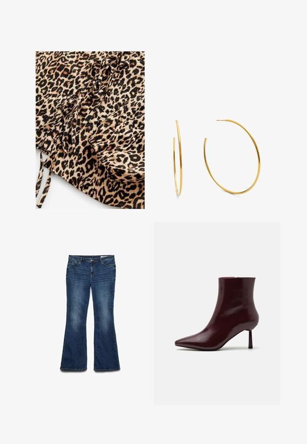 Leopard print fabric featuring a tan background with black and brown spots. Includes ties and gathered detailing at one edge.; Flared blue denim jeans with a medium wash finish, featuring five pockets, a front button closure, and stitched detailing along the seams.; Burgundy patent leather ankle boot with a pointed toe and a slim stiletto heel, featuring a smooth, glossy texture and minimalistic design.; Gold hoop earrings with a slender, open-loop design. Smooth texture with a polished finish, featuring no embellishments or patterns.