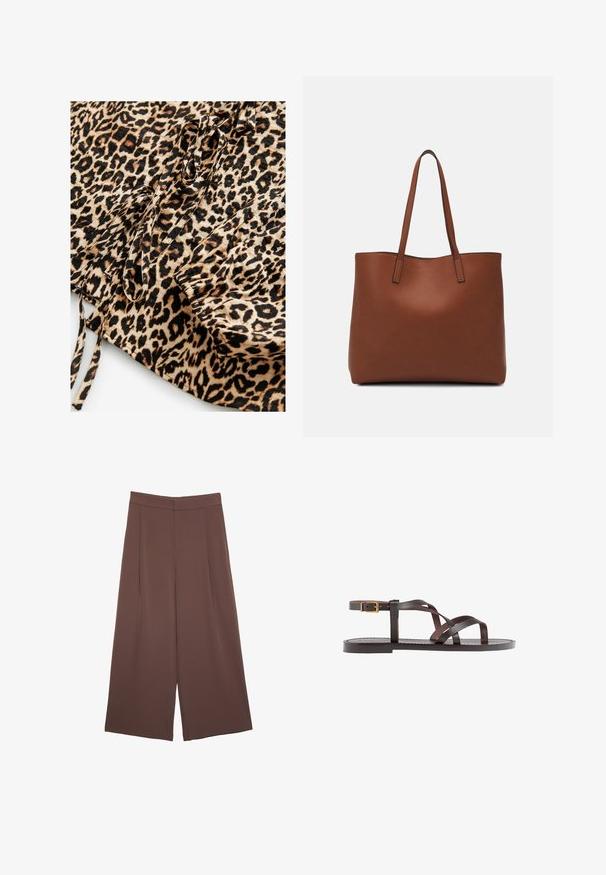 Tissu à imprimé léopard avec un fond tan et des taches noires et brunes. Comprend des attaches et des détails froncés sur un bord.; Pantalons larges marron avec une texture lisse, dotés d'une taille haute et de plis à l'avant. Le tissu est léger et tombe de manière fluide.; Sandale en cuir marron avec des brides entrecroisées, une fermeture à boucle à la cheville et une semelle plate avec des détails de couture minimaux.; Sac fourre-tout en cuir marron avec une texture lisse, design à ouverture supérieure et deux poignées pour le porter à l'épaule. Présente des coutures minimales et aucun matériel visible.