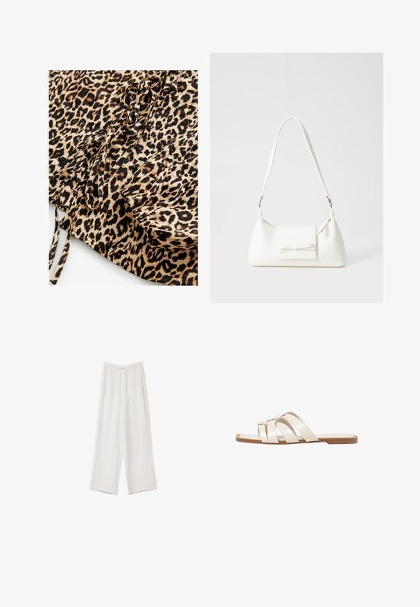 Leopard print fabric featuring a tan background with black and brown spots. Includes ties and gathered detailing at one edge.; White wide-leg trousers made from a lightweight fabric. Features an elastic waistband with a drawstring and side pockets. Smooth texture.; Flat sandals with a tan rubber sole, designed with three overlapping white leather straps and a small bow detail at the center.; White synthetic handbag with a triangular shape, flat front flap and bow detail, adjustable strap, smooth texture, and minimalistic design.