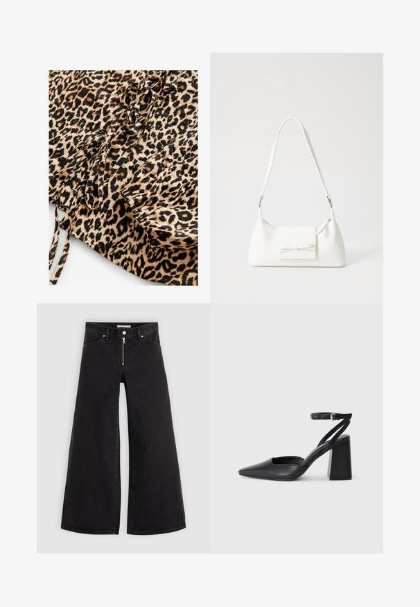 Tissu à imprimé léopard avec un fond tan et des taches noires et brunes. Comprend des attaches et des détails froncés sur un bord.; Jean large en denim noir avec une fermeture éclair à l'avant, un design à cinq poches et des détails de couture subtils. Texture lisse et style décontracté.; Escarpin noir en cuir à bout pointu avec une bride de cheville et un talon épais. Texture lisse, design élégant et esthétique minimaliste.; Sac à main synthétique blanc en forme triangulaire, avec un rabat avant plat et un détail en nœud, une bandoulière ajustable, une texture lisse et un design minimaliste.