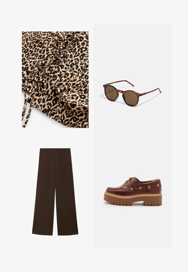 Leopardenmusterstoff mit einem hellbraunen Hintergrund und schwarzen sowie braunen Flecken. Enthält Bänder und geraffte Details an einer Kante.; Weite Hosen aus einem glatten, dunkelbraunen Stoff. Sie haben einen hohen Bund und ein minimalistisches Design ohne Verzierungen.; Braune Lederbootsschuhe mit einer massiven braunen Gummisohle, goldenen Ösen und kontrastierenden Nähten. Mit einem Logo an der Seite.; Runde Sonnenbrillen mit Schildpattrahmen und braunen Gläsern. Bietet dünne Bügel mit leichter Textur und Metallakzenten in der Nähe der Gläser.