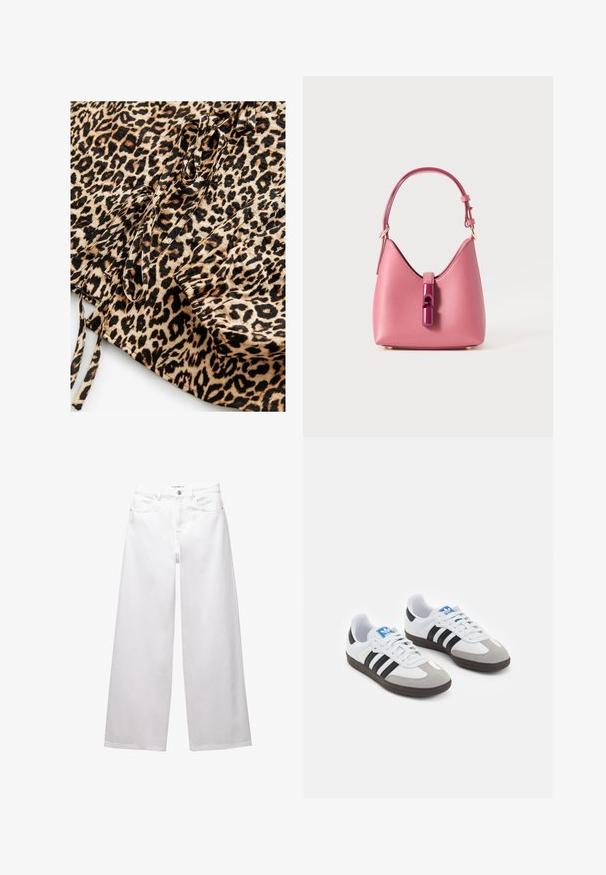 Tessuto a stampa leopardata con uno sfondo tan e macchie nere e marroni. Include fiocchi e dettagli arricciati su un lato.; Jeans bianchi a gamba larga realizzati in denim. Presentano chiusura con bottone, tasche anteriori e posteriori, e cuciture rinforzate. Tessuto liscio con dettagli minimi.; Scarpe sportive con tomaia in pelle bianca, punta in suede grigia e tre strisce nere. Presentano un logo blu sulla linguetta e una suola in gomma testurizzata.; Borsa in pelle rosa con una forma strutturata, caratterizzata da una chiusura lucida e una sola tracolla regolabile. Finitura texturizzata con hardware dorato.