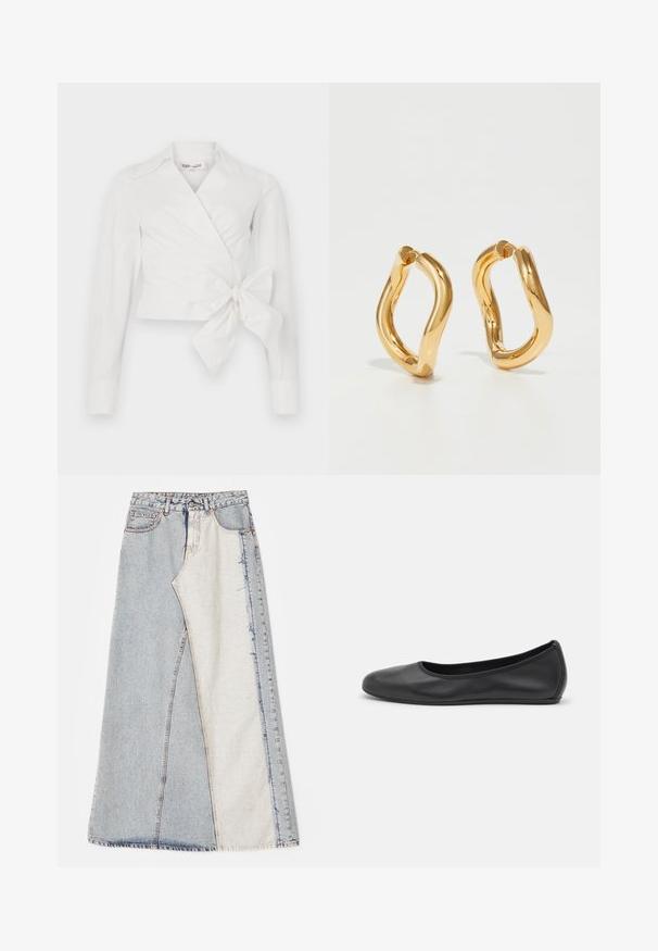 Blusa bianca avvolgente con maniche lunghe, colletto e dettaglio di nodo frontale. Realizzata in tessuto morbido con un design leggermente strutturato.; Gonna in denim con design patchwork, sezioni di blu chiaro e medio, orli sfilacciati e vita alta. Stile classico a cinque tasche.; Pantofole da balletto nere in pelle con punta arrotondata, texture liscia, dettagli di cucitura minimi e design con suola flessibile.; Orecchini a cerchio color oro con una forma curva e irregolare e una superficie liscia e lucida. Nessun hardware o accenti visibili.