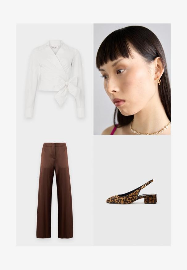 White wrap blouse with long sleeves, collar, and front tie detail. Made from smooth fabric with a slightly structured design.; Brown wide-leg trousers made of smooth, lightweight fabric, featuring a flat front, no pockets, and a straight silhouette.; Women's leopard print slingback shoe with low block heel and gold buckle on side strap, shown in side profile on plain background.; Gold hoop earring worn on the right ear, featuring an open design. Model has straight, dark hair and minimal makeup.