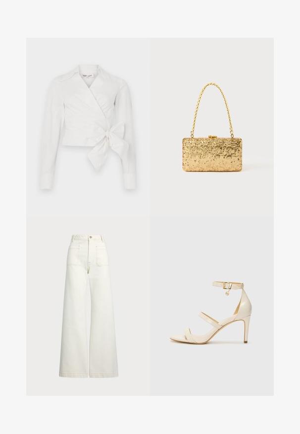 Valge pakitud pluus pikkade varrukatega, krae ja esise sidumise detailiga. Valmistatud siledast kangast, millel on veidi struktureeritud disain.; Laiad teksad heledast denimist. Kõrge vöökoht, nööbivöö, kaks esikotitäit ja kontrastsed õmblused.; Bežid kõrge kontsaga sandaalid koos õhukese pahkluu rihmaga ja kahe ülemise rihmaga. Läikiv lakkviimistlus ja kuldne detail pahkluurihmadel.; Kullatud kaunistustega kott ristküliku kujuga, millel on keeratud ahelast käepide ja metallist lukuga sulgur, peegeldades valgust tekstuurse viimistlusega.