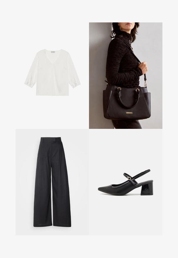 Blusa bianca a maniche lunghe con scollatura a V profonda, realizzata in un morbido materiale satinato e con polsini arricciati per una vestibilità comoda.; Pantaloni a gamba larga scuri con vita strutturata e pieghe. Realizzati in tessuto leggero, presentano una texture liscia e senza motivi visibili.; Décolleté in vernice nera con cinturino dietro, punta affusolata, design con ritagli arrotondati e tacco a blocco. Presenta un accento di fibbia tono oro.; Borsa nera con superficie texturizzata, manici superiori doppi e tracolla regolabile. Dotata di hardware color oro e tasche laterali.