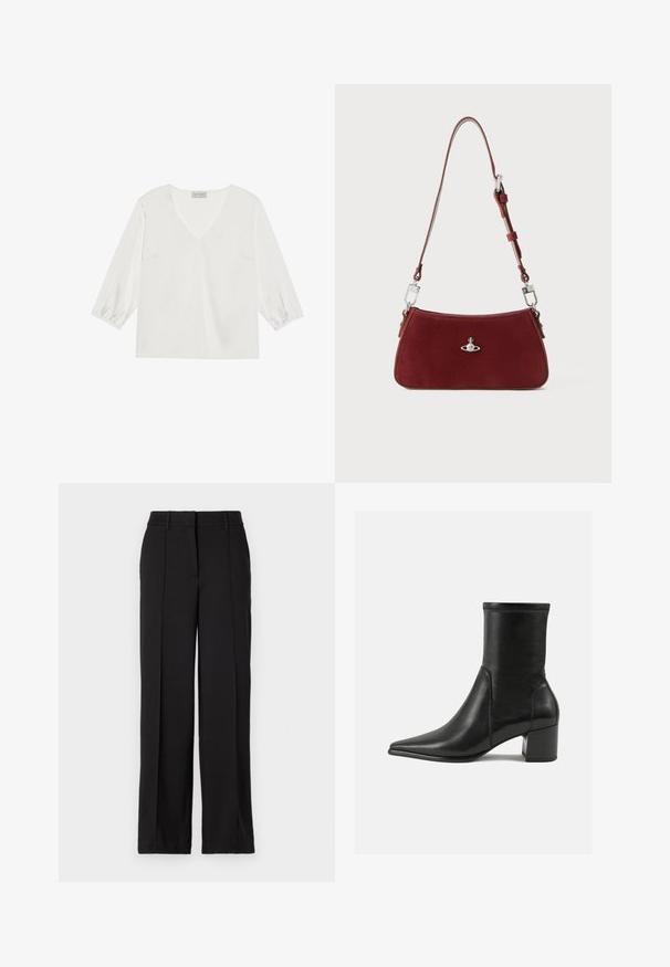 Hvid langærmet bluse med dyb V-hals, blødt satinlignende materiale og samlede ærmekanter for en afslappet pasform.; Sorte bukser med en lige ben design, der har to forreste folder, en talje og ingen synlige lommer eller dekorative elementer.; Sorte ankelstøvler lavet af glat læder, med spids tå, en blokhæl og markant hævet syning ved den øverste kant.; Rød suedette skuldertaske med en buet form. Har en sølvfarvet detalje og justerbar rem med hardware-detaljer. Glat tekstur.