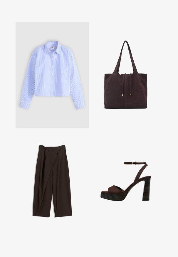 Camasa cropped cu nasturi, prezentând dungi verticale albastre și albe, cu un finisaj texturat, guler ascuțit și manșete cu un singur nasture.; Pantaloni largi de culoare maron închis, cu talie înaltă, având închiere cu un singur nasture și un față pliată. Confectionați dintr-un material ușor.; Sandal cu toc înalt din suede maro, cu vârf deschis, curea ajustabilă la gleznă și talpă cu dungi.; Mango Geantă de pânză - dark brown