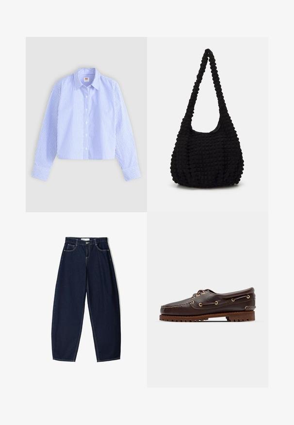 Cropped button-up shirt featuring blue and white vertical stripes with a textured finish, pointed collar, and single-button cuffs.; Dark blue denim trousers with a loose fit, featuring five pockets, contrasting stitching, and a zip closure at the front.; Brown leather boat shoe with gold eyelets, round laces, and a textured brown rubber sole. Features stitched detailing and a raised logo.; Black textured fabric bag with a single twisted strap, featuring a puffy shape and gathered surface design.