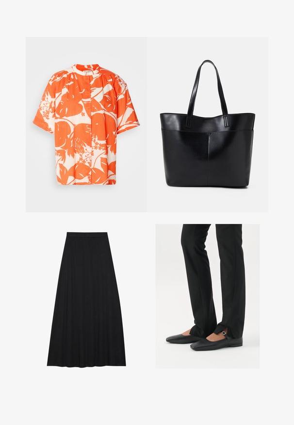 Kortærmet skjorte med et blomster mønster i orange og hvid, lavet af letvægtsstof med en rund krave og knaplukning.; Sort maxi nederdel lavet af blødt, flydende stof. Den har en elastisk talje og en fuld A-linje silhuet med en glat tekstur.; Sorte læder balletflade sko med spids tå, rem med sølvspænde, parret med sorte skræddersyede bukser med slids i bunden.; Sort læder tote taske med to lange håndtag, en glat tekstur og en struktureret form. Har en forlommem for ekstra opbevaring.; Sølv hoop øreringe med en glat, poleret overflade. Rund form og sikker klik-lukning. Letvægtsdesign, der er velegnet til hverdagsbrug.