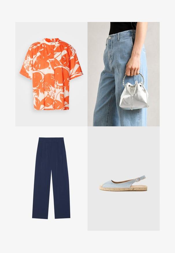 Kurzarmhemd mit floralem Muster in Orange und Weiß, aus leichtem Stoff mit rundem Kragen und Knopfverschluss.; Himmelblaue Weitbundhosen aus weichem Stoff, mit vorderen Falten, glatter Oberfläche und einem geraden Schnitt ohne sichtbare Taschen.; Helle blaue Espadrille mit Slingback-Design, runder Spitze, Jutesohle und flachem Absatz. Weicher Stoff mit minimalen Nähdetails.; Metallisch silberne Bucket Bag mit strukturiertem Finish, verziert mit einem silbernen runden Griff und Kordelzugverschluss, gehalten vor hellblauen Jeans.