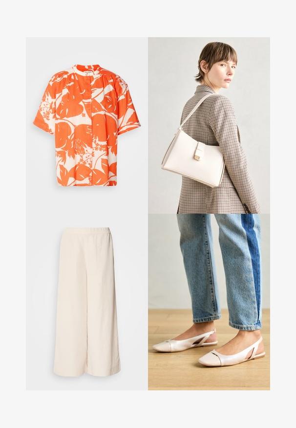 Košeľa s krátkym rukávom s kvetinovým vzorom v oranžovej a bielej farbe, vyrobená z ľahkej tkaniny s okrúhlym golierom a zapínaním na gombíky.; Krémové nohavice s širokými nohavicami a elastickým pásom, s uvoľneným strihom a hladkou textúrou, vhodné na každodenné nosenie.; Svetloružové slingback baleríny s jemne špicatou špičkou, vyrobené z hladkého materiálu pripomínajúceho kožu. Majú výrezové detaily na stranách a plochý opätok.; Biely kožený kabelka so štruktúrovaným dizajnom, s magnetickým uzáverom a ramenným popruhom, vystavená na neutrálnom pozadí.