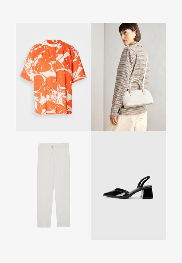 Short-sleeve shirt featuring a floral pattern in orange and white, made of lightweight fabric with a round collar and button closure.; White, tailored trousers with a straight leg design, featuring a button closure, belt loops, and side pockets; smooth fabric texture.; Black patent leather slingback heels with a pointed toe and a geometric block heel. Features a sleek, minimal design and smooth texture.; White structured handbag with short handles and a shoulder strap, featuring gold hardware accents and textured material, displayed against a grey background.