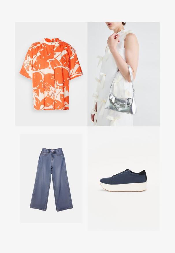 Korte mouwen shirt met een bloemenpatroon in oranje en wit, gemaakt van lichte stof, met een ronde kraag en knoopsluiting.; Lichte blauwe wijdlopende denim jeans met een hoge taille, voorzakken en een knoopsluiting met riemlussen.; Marineblauwe sneaker met een textuurstof bovenwerk, witte platformzool, ronde neus en zwart hakaccent. Voorzien van zes gaatjes voor veters.; Zilveren metallic handtas met een gestructureerde vorm, voorzien van een bovenhandvat en een strikdetail aan de voorkant. Gladde textuur, reflecterende afwerking.