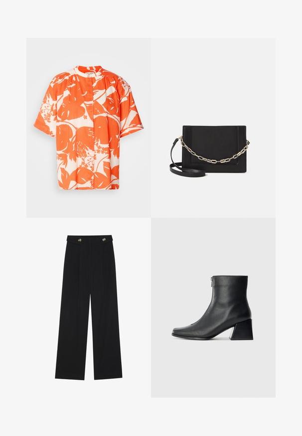 Cămașă cu mâneci scurte, decorată cu un model floral în nuanțe de portocalie și alb, fabricată dintr-un material ușor, cu guler rotund și închidere cu nasturi.; Pantaloni negri cu picioare largi, talie înaltă, detalii cu butoane pe talie și pliseuri în față.; Botină neagră din piele, cu vârf pătrat, fermoar pe lateral și toc bloc, pe un fundal simplu deschis.; Geantă de umăr din piele neagră, cu o textură netedă, formă rectangulară și un detaliu din lanț metalic în față. Include curea reglabilă.