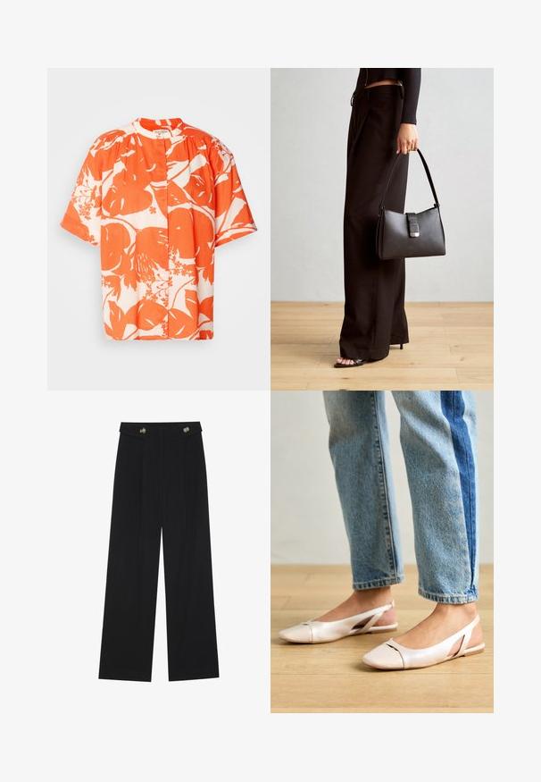 Kreklu ar īsām piedurknēm, kas rotāts ziedu rakstu oranžā un baltā krāsā, izgatavots no viegla auduma ar apaļu apkakli un pogu aizdari.; Melnas platās bikses ar augstu jostasvietu, pogu detaļām uz jostas un priekšējām krokām.; Bālti rozā siksniņu dzīvokļi ar smailu purngalu, izgatavoti no gludas ādas līdzīgās materiāla. Iezīmē izgriezumu detaļas sānos un platu papēdi.; Melnā somiņa ar strukturētu formu, gludu tekstūru un metālu sprādzi. Saskaņota ar platām melnām biksēm un sandālēm ar atvērtu purngalu uz koka grīdas.