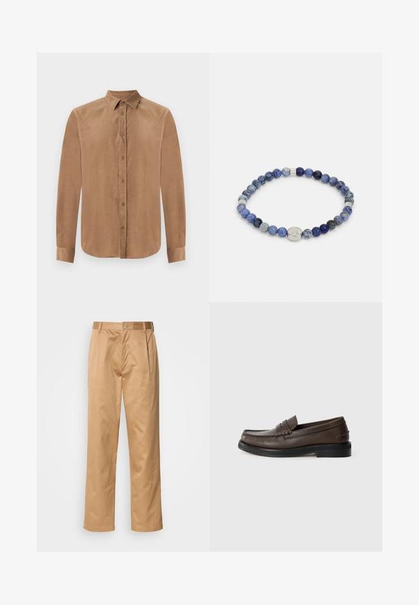 Brown, long-sleeve button-up shirt in soft fabric, featuring a classic collar and front button closure. Smooth texture with a straight cut.; Khaki trousers, cotton blend, straight-leg design, front pleats, belt loops, and button closure. Smooth texture with no patterns.; Brown leather loafers with a round toe, detailed stitching, and a flat black outsole. Features a small decorative strap across the instep.; Tommy Hilfiger MEN BEADS - Bracelet - blue/silver-coloured
