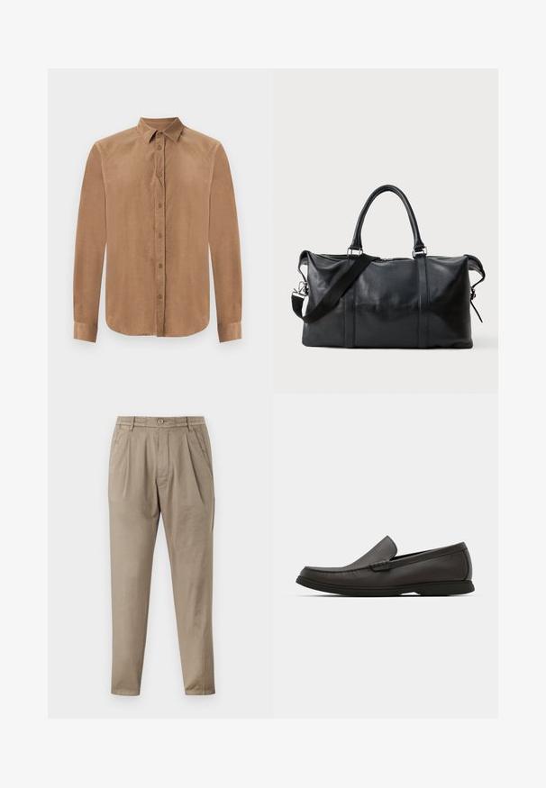 Brah koshulja z dolgim rokavom s gumbi v mehkem materialu, ki ima klasičen ovratnik in sprednje zapiranje z gumbi. Gladka tekstura z ravnim krojem.; Bež hlače iz mehkega materiala, z sproščenim krojem, nabranim sprednjim delom, elastičnim pasom in zoženimi nogavicami.; Temno rjavi usnjeni loafers s zaobljenim toe, subtilnimi šivi in nizkim gumijastim podplatom. Gladka tekstura z fleksibilnim prileganjem.; Črna usnjena torba za šport s doisma zgornjima ročajoma, odstranjljivo ramo, zadrgo in teksturirano površino. Ima minimalističen dizajn.