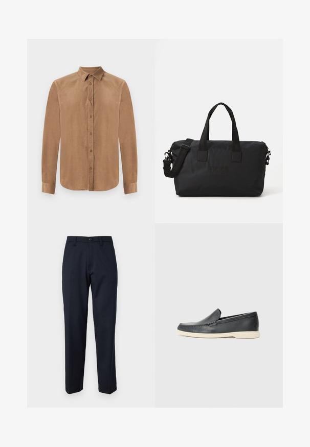 Chemise marron à manches longues avec boutons en tissu doux, dotée d'un col classique et d'une fermeture à boutons sur le devant. Texture lisse avec une coupe droite.; Pantalon bleu marine en tissu lisse, doté d'un bouton avant, d'un design à jambes droites et de poches latérales. Pas de motifs ni d'ornements visibles.; Mocassins noirs en cuir à enfiler avec une finition texturée et une semelle en caoutchouc beige contrastante. Présente un accent subtil sur le devant.; Sac de sport en nylon noir avec deux poignées supérieures et une bandoulière amovible. Doté d'un logo en relief et d'une texture lisse avec fermeture zippée.