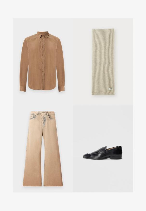 Chemise marron à manches longues avec boutons en tissu doux, dotée d'un col classique et d'une fermeture à boutons sur le devant. Texture lisse avec une coupe droite.; Jean large beige avec texture décolorée, design à cinq poches et détails cousus le long des coutures. La taille dispose d'une fermeture à bouton traditionnel.; Mocassin en cuir noir avec une finition lisse, bout pointu et détail de couture subtil. Présente un talon plat et un logo en relief sur le côté.; Écharpe en tricot beige avec une texture à côtes verticales. Comprend une petite étiquette en tissu étiquetée "DRYARN" à une extrémité. Matériau doux et léger.; Un nœud papillon noir avec des rayures diagonales bleues, fabriqué dans un tissu lisse. Il présente une extrémité effilée et une boucle nouée en haut.