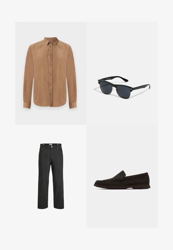 Bruine, langemouw button-up shirt van zacht materiaal, met een klassieke kraag en een voorste knoopsluiting. Gladde textuur met een rechte snit.; Zwarte rechte jeans van katoen, met een klassieke vijf-pocketontwerp, knoopsluiting en subtiele stiksels.; Donkerbruin suède instaploafers met een gestikte neus, een lage rubberen zool en textuuraccenten op de bovenzijde.; Zwarte zonnebril met een rechthoekige vorm, donkere lenzen, zilveren accenten bij de slapen en een matte afwerking op het montuur.