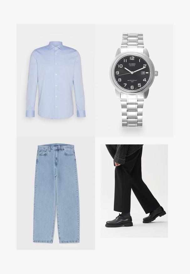 Lichtblauw overhemd met knopen, gemaakt van zachte stof, met een klassieke kraag, lange mouwen en een subtiele geborduurde logo op de borst.; Lichtblauwe denim jeans met een recht model, voorzien van een middelhoge taille, vijf zakken en een knoop- en ritssluiting.; Zwarte leren schoenen met een afgeronde neus, vetersluiting en een dikke, getextureerde zool. Draagt een gepaste zwarte broek en een geribbelde trui.; Kwarts horloge met een zilveren roestvrijstalen band, ronde zwarte wijzerplaat, witte uurmarkeringen en een datumaanduiding op 3 uur. Waterbestendig tot 50 meter.