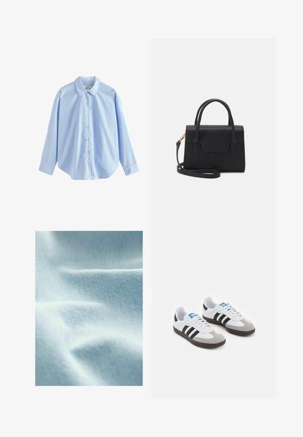 Vaalea sininen napitettava paita, joka on valmistettu kudotusta kankaasta, jossa on pystysuorat valkoiset raidat ja pieniä pisteitä. Sitä koristaa klassinen kaulus ja pitkät hihat.; Vaaleansininen kangas, jossa on sileä rakenne ja hieno vinoneliöinen kudontakuvio, esittäen pehmeitä taitoksia ja hienovaraisia sävyvaihteluita.; Urheilukengät, joissa on valkoinen nahkainen päällinen, harmaa mokkanokka ja kolme mustaa raitaa. Ominaisuuksina sininen logo kielekkeessä ja kuvioitu kumipohja.; Musta rakenne käsilaukku, joka on valmistettu nahasta, jossa on yläkahva, irrotettava olkahihna ja etupuolella läppäyksikkö. Kulta koristeet.