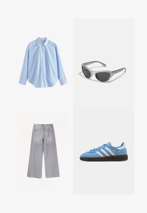 Lyseblå skjorte med knaplukning lavet af vævet stof med lodrette hvide striber og små prikker. Har en klassisk krave og lange ærmer.; Bershka WIDE-LEG - Wide leg - grey; Lyseblå ruskinds sneakers med hvide læderstribes, en brun struktureret sål og detaljer i guld. Lav-top design med rund tå.; Sølv katteøje-solbriller med mørke linser, udsmykket med klare juvelakenter langs stellet. Mat finish med buet bøjningsdesign.