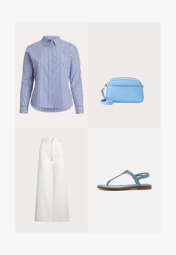 Camisa de manga longa às riscas azuis e brancas com colarinho abotoado, apresentando uma bainha arredondada, um logo subtil no peito e riscas contrastantes nos punhos.; Jeans de perna larga em denim off-white. Design de cintura alta com fecho de botão, dois bolsos frontais e detalhes de costura em contraste.; Sandália de dedo em couro azul com sola plana, apresentando um design de tiras finas e fecho com fivela no tornozelo para um ajuste seguro.; Bolsa crossbody em couro azul claro com acessórios em tom de ouro, fecho em zip, e um bolso frontal. Apresenta uma alça ajustável para conveniência.