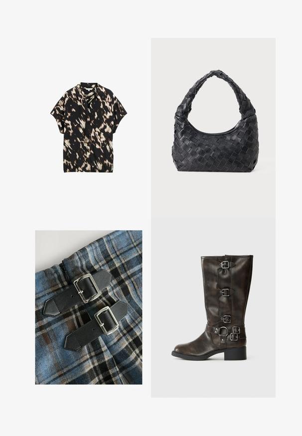 Krátky rukáv, čierna košeľa s gombíkmi s abstraktnými hnedými a krémovými vzormi, klasickým golierom a uvoľneným strihom. Mäkký textilný pocit.; Károvaná textília s modrou, hnedou a čiernou farbou, s dvoma čiernymi koženými popruhmi so striebornými prackami v oblasti pása. Viditeľný zips.; Hnedé kožené čižmy po kolená s viacerými prackami, okrúhlou špičkou a nízkym hrubým podpätkom. Majú textúrovaný povrch a nastaviteľné popruhy.; Čierna kožená pletená ramenná taška s okrúhlou rukoväťou a telom v tvare polmesiaca na jednofarebnom pozadí.