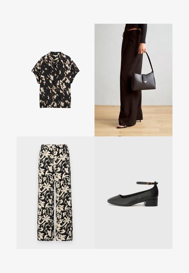 Camicia a maniche corte con bottoni nera con motivi astratti marroni e crema, dotata di colletto classico e vestibilità rilassata. Texture di tessuto morbida.; Top corto nero a maniche corte realizzato in materiale liscio, con design peplum e vita cintata adornata da due bottoni tondi in tono argento.; Pantaloni larghi neri con un motivo floreale crema. Realizzati in tessuto leggero, con una texture liscia e una vita alta.; Pump in pelle nera con punta affusolata e tacco basso a blocco. Presenta una cinghia alla caviglia con una fibbia in tonalità oro. Texture liscia.; Borsa nera con forma strutturata, texture liscia e una chiusura metallica. Abbinata a pantaloni neri larghi e sandali open-toe su un pavimento in legno.