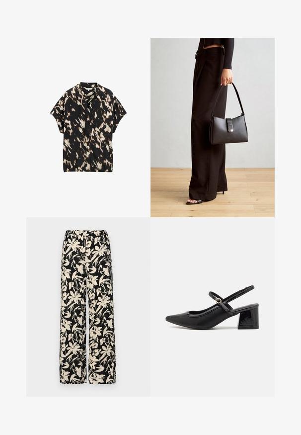 Camicia a maniche corte con bottoni nera con motivi astratti marroni e crema, dotata di colletto classico e vestibilità rilassata. Texture di tessuto morbida.; Pantaloni larghi neri con un motivo floreale crema. Realizzati in tessuto leggero, con una texture liscia e una vita alta.; Décolleté in vernice nera con cinturino dietro, punta affusolata, design con ritagli arrotondati e tacco a blocco. Presenta un accento di fibbia tono oro.; Borsa nera con forma strutturata, texture liscia e una chiusura metallica. Abbinata a pantaloni neri larghi e sandali open-toe su un pavimento in legno.