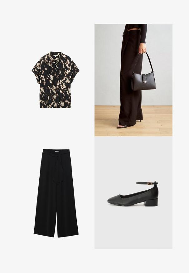 Korte mouwen overhemd met knopen in zwart met abstracte bruine en crèmekleurige patronen, met een klassieke kraag en een ontspannen pasvorm. Zachte stoftextuur.; Zwarte wijde broek van textuurstof, met een elastische tailleband en een afneembare sjaalstrik in de taille voor een verstelbare pasvorm.; Zwarte leren pump met een spitse neus en een lage blokhak. Beschikt over een enkelband met een goudkleurige gespsluiting. Gladde textuur.; Zwarte handtas met gestructureerde vorm, gladde textuur en een metalen sluiting. Gecombineerd met brede zwarte broeken en sandalen met open teen op een houten vloer.