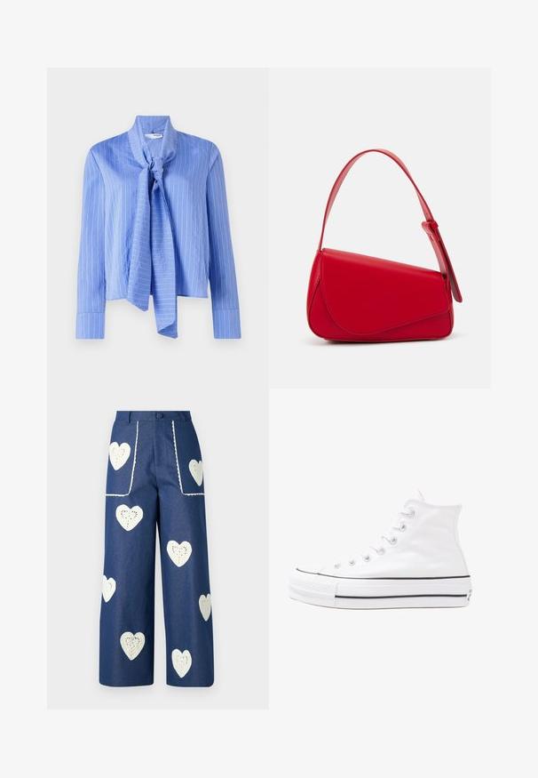 Svetlomodrá blúzka s viazaným golierom, dlhými rukávmi a bielymi vertikálnymi pruhmi. Vyrobená z hladkej látky so štruktúrovaným strihom a úhľadnými manžetami.; Sister Jane HEART TO HEART - Džínsy s rovným strihom - blue denim; Biele vysoké plátené tenisky s čiernou gumovou podošvou, prednou gumovou špičkou a šiestimi okami na šnúrky, s čistým, minimalistickým dizajnom.; Červená kožená kabelka s ostrým, geometrickým dizajnom. Má jeden nastaviteľný popruh a uzatváranie na klopu so šitím.