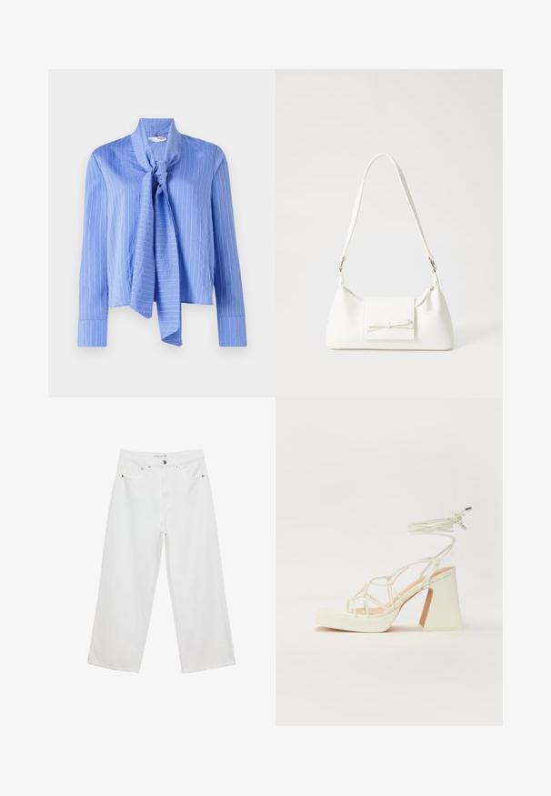 Svijetloplava bluzica s vezanom kragnom, dugim rukavima i bijelim vertikalnim prugama. Izrađena od glatkog materijala s strukturiranim oblikom i urednim manžetnama.; Bijele široke traperice s visokim strukom, s pet džepova i metalnim detaljima. Glatka tekstura, bez vidljivih uzoraka.; Bijela sandala na visokoj potpetici s debelim petom, s remenom i vezanjem oko gležnja. Glatka tekstura s platformom sprijeda za dodatnu visinu.; Bijela sintetička torbica s trokutastim oblikom, ravnim prednjim poklopcem i detaljem u obliku mašne, podesivom remenom, glatkom teksturom i minimalističkim dizajnom.