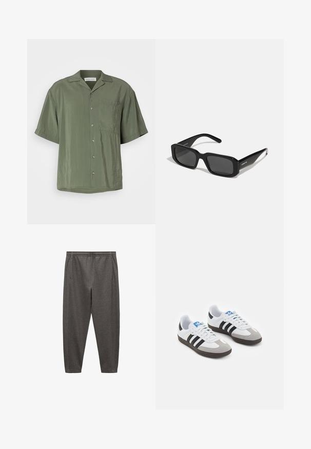 Pier One Srajca - khaki; Sive hlače za jogging iz mehkega blaga, z elastičnim pasom, stranskimi žepi in zoženim dizajnom nog. ; Športni čevlji z belim usnjenim zgornjim delom, sivim semišem na prstih in tremi črnimi črtami. Imajo modro logo na jeziku in teksturiran gumijast podplat.; Arnette THEKIDD UNISEX - Sončna očala - black