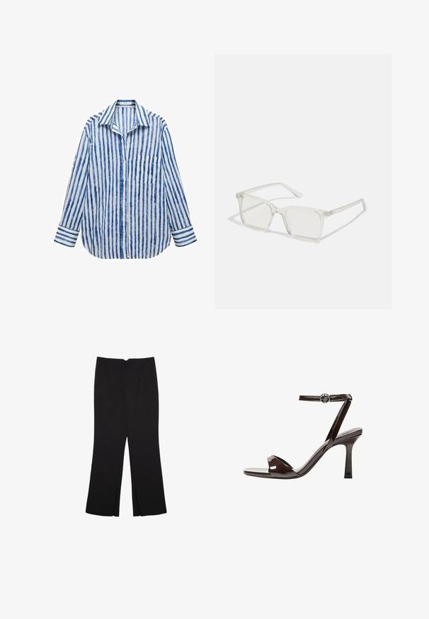 Mango Košilová halenka - off-white; Černé kalhoty s rovným střihem, s předními kapsami a bočními rozparky na lemu. Vyrobené z jemné, hladké tkaniny. Vhodné na různé příležitosti.; Hnědé lakované kožené sandály na vysokém podpatku s páskem kolem kotníku, otevřenou špičkou a elegantním, minimalistickým designem. Obsahují čtvercový podpatek.; Průhledné plastové brýle čtvercového rámečku s průsvitnými čočkami, které mají zlaté akcenty na spáncích pro zvýraznění detailů.; Černá lakovaná kožená kabelka s křivkovým tvarem, jedním ramenním popruhem, předními kapsami a stříbrnými kovovými detaily.