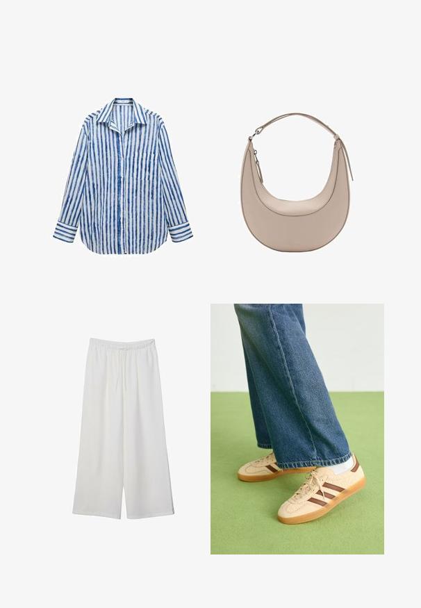 Mango Button-down blouse - off-white; White wide-leg trousers made of lightweight fabric, featuring an elastic waistband and a drawstring for adjustable fit. Smooth texture.; Beige sneakers with textured cream panels and brown stripes, paired with blue denim jeans. The jeans have a wide leg and frayed hem.; Beige leather shoulder bag with a crescent shape, smooth texture, and a single curved handle. Features a zip closure and neat stitching.